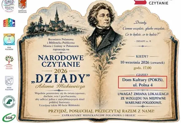 Narodowe Czytanie 2026 w Polanowie: zmiana miejsca na Dom Kultury