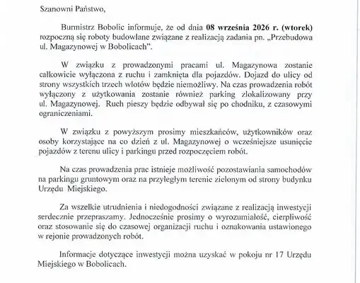 Bobolice: Utrudnienia na ul. Magazynowej – startuje przebudowa drogi