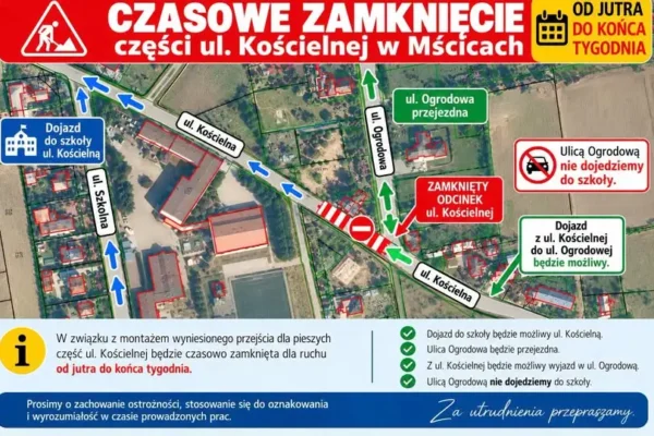 Uwaga kierowcy! Od 7 października zamknięty odcinek ul. Kościelnej w Mścicach