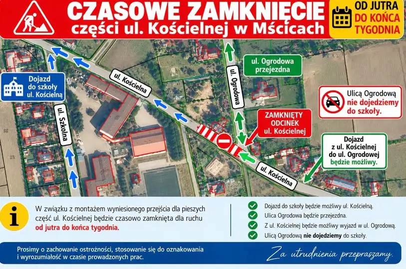 Uwaga kierowcy! Od 7 października zamknięty odcinek ul. Kościelnej w Mścicach