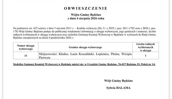 Wybory uzupełniające do Rady Gminy Będzino – dziś głosowanie w okręgu nr 13