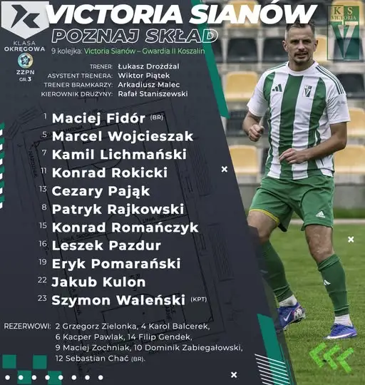 Victoria Sianów ogłasza skład na mecz z Gwardią II Koszalin